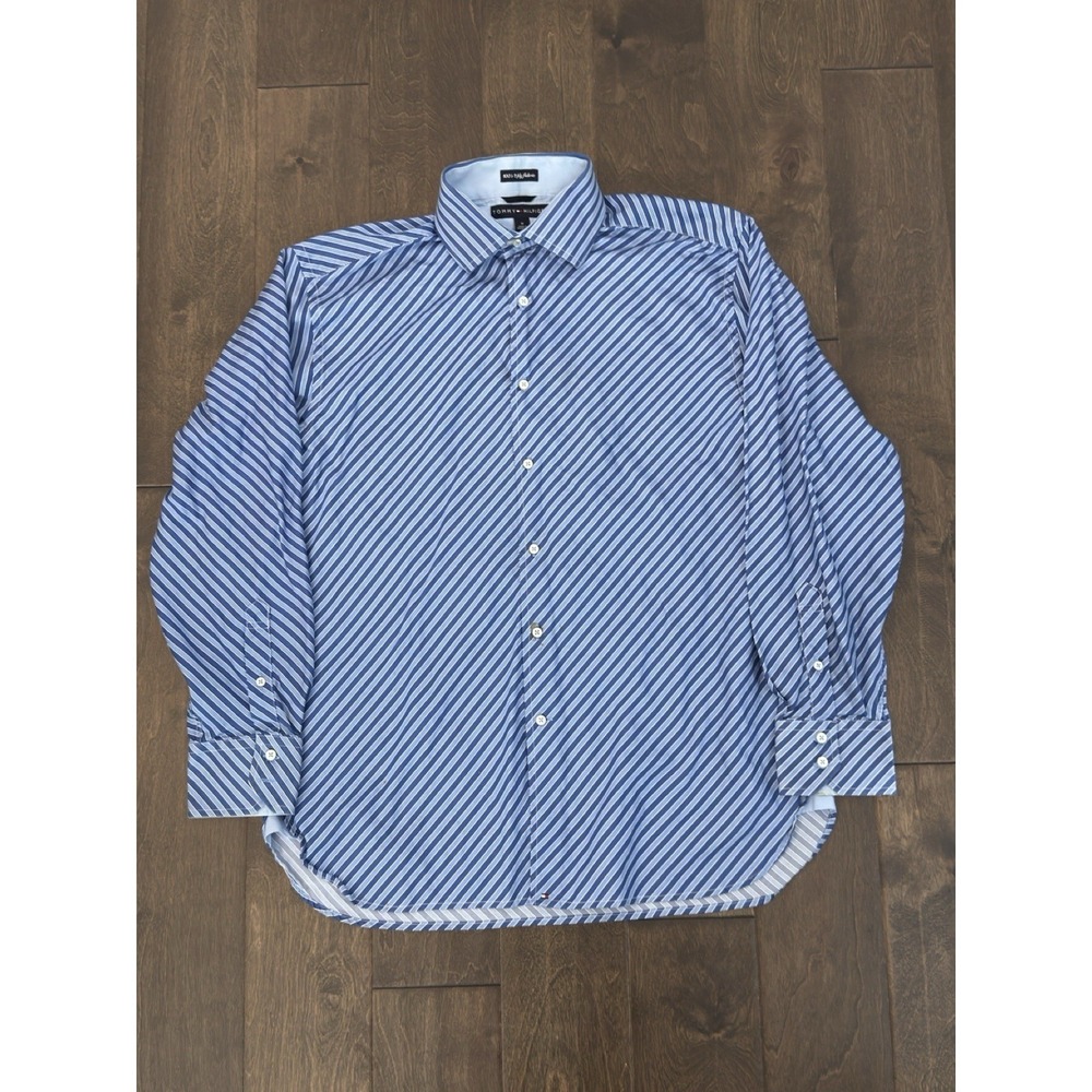 Tommy Hilfiger Button Down Shirt Mens Size Medium Blue Striped 100s 2 Ply-Fabric - Picture 2 of 8